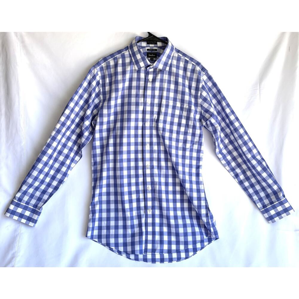 Neiman Marcus Men s 100% Cotton Gingham Blue and White Dress Shirt size 16 34/35